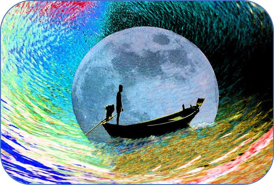 bote iluminado con la luna llena